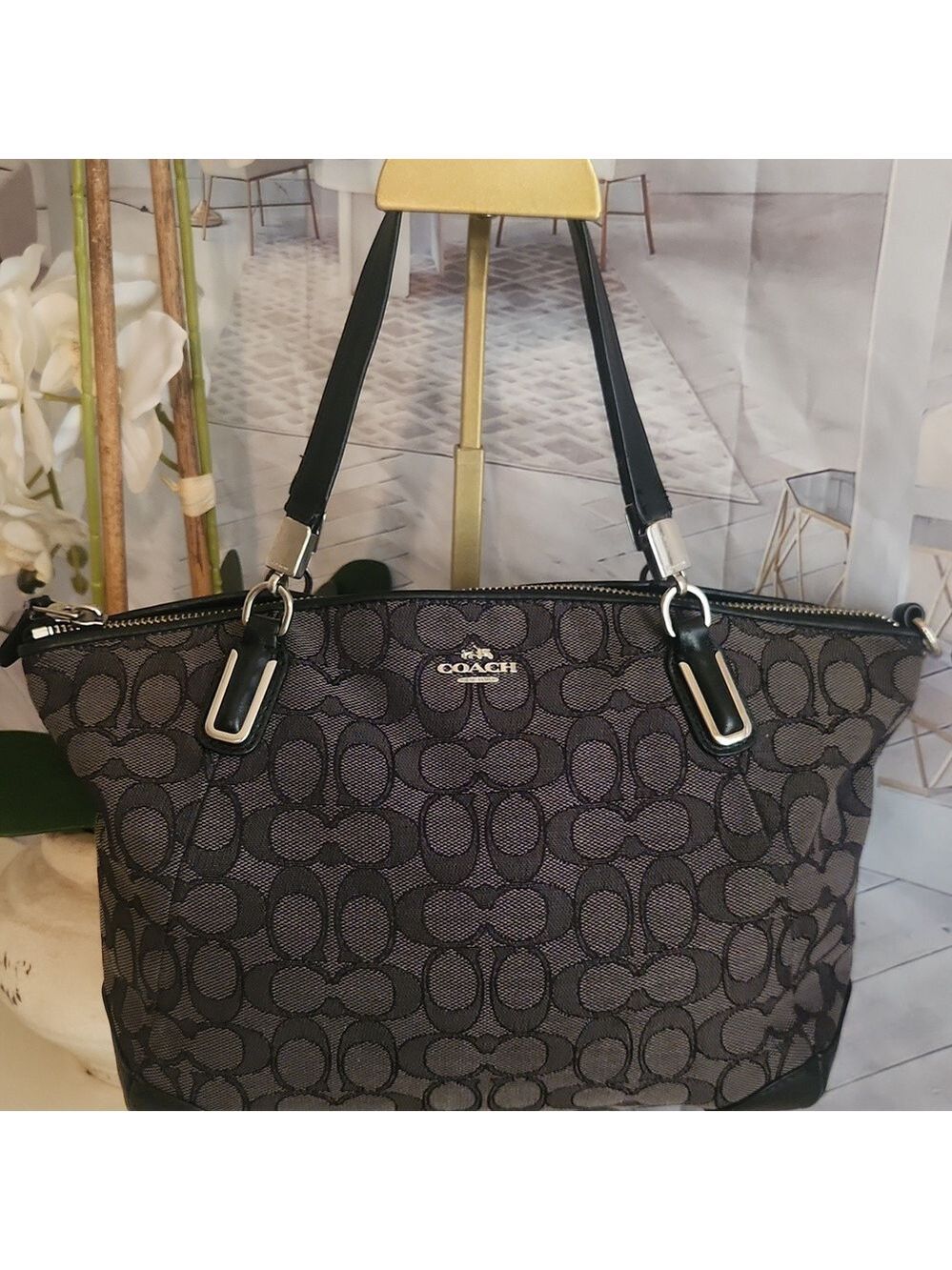 Coach Black and Gray Signature Canvas Shoulder Bag - Picture 14 of 15
